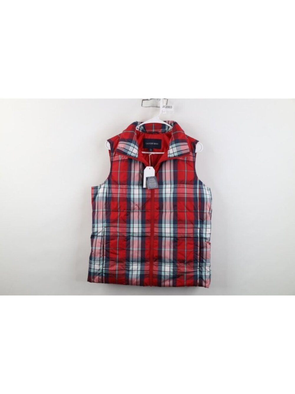 New Lands End Down Puffer Vest Jacket Womens Size M Checked Plaid Full Zip Red
